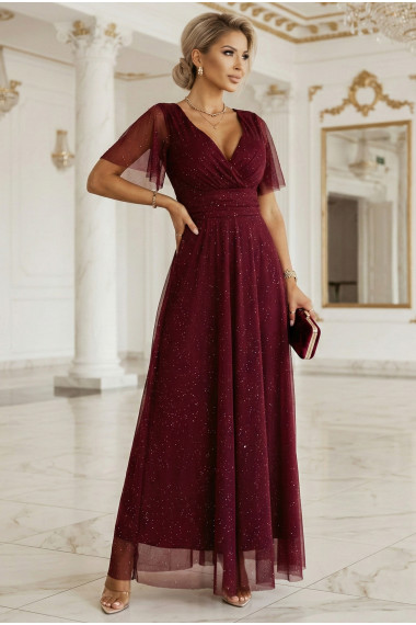  635-5 MELANIA long, shiny dress with a neckline and short sleeves - burgundy 