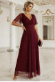  635-5 MELANIA long, shiny dress with a neckline and short sleeves - burgundy 