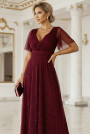  635-5 MELANIA long, shiny dress with a neckline and short sleeves - burgundy 