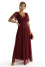  635-5 MELANIA long, shiny dress with a neckline and short sleeves - burgundy 