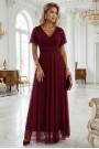  635-5 MELANIA long, shiny dress with a neckline and short sleeves - burgundy 