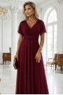  635-5 MELANIA long, shiny dress with a neckline and short sleeves - burgundy 