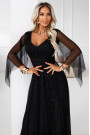  655-1 Garš, mirdzošs tērps ar dekoltē un caurspīdīgām piedurknēm - melns 