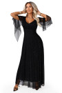  655-1 Garš, mirdzošs tērps ar dekoltē un caurspīdīgām piedurknēm - melns 