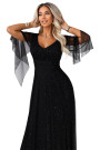  655-1 Garš, mirdzošs tērps ar dekoltē un caurspīdīgām piedurknēm - melns 