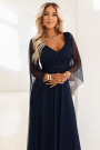  655-3 A long, shimmering dress with a neckline and transparent sleeves - navy blue 