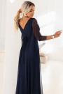  655-3 A long, shimmering dress with a neckline and transparent sleeves - navy blue 