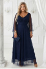  655-3 A long, shimmering dress with a neckline and transparent sleeves - navy blue 