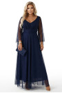  655-3 A long, shimmering dress with a neckline and transparent sleeves - navy blue 