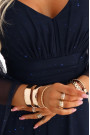  655-3 A long, shimmering dress with a neckline and transparent sleeves - navy blue 