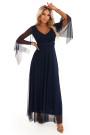  655-3 A long, shimmering dress with a neckline and transparent sleeves - navy blue 