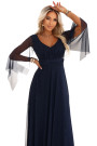 655-3 A long, shimmering dress with a neckline and transparent sleeves - navy blue 