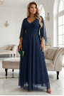  655-3 A long, shimmering dress with a neckline and transparent sleeves - navy blue 