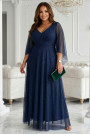  655-3 A long, shimmering dress with a neckline and transparent sleeves - navy blue 