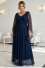  655-3 A long, shimmering dress with a neckline and transparent sleeves - navy blue 