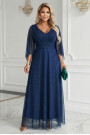  655-3 A long, shimmering dress with a neckline and transparent sleeves - navy blue 