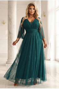  654-1 Garš, mirdzošs plus izmēra tērps ar liekšķermeņa izgriezumu un caurspīdīgām piedurknēm - pudeles zaļš 