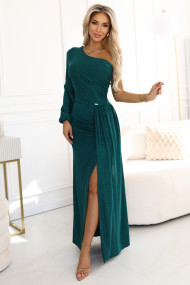  658-2 Shimmering glitter one-shoulder maxi dress with asymmetric sleeves and slit - bottle green 