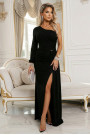  658-1 Shimmering glitter one-shoulder maxi dress with asymmetric sleeves and slit - black 