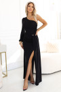  658-1 Shimmering glitter one-shoulder maxi dress with asymmetric sleeves and slit - black 