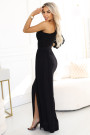  658-1 Shimmering glitter one-shoulder maxi dress with asymmetric sleeves and slit - black 
