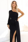  658-1 Shimmering glitter one-shoulder maxi dress with asymmetric sleeves and slit - black 