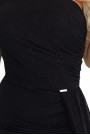  658-1 Shimmering glitter one-shoulder maxi dress with asymmetric sleeves and slit - black 