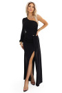  658-1 Shimmering glitter one-shoulder maxi dress with asymmetric sleeves and slit - black 