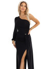  658-1 Shimmering glitter one-shoulder maxi dress with asymmetric sleeves and slit - black 