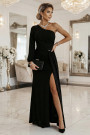  658-1 Shimmering glitter one-shoulder maxi dress with asymmetric sleeves and slit - black 