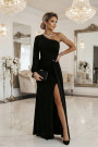  658-1 Shimmering glitter one-shoulder maxi dress with asymmetric sleeves and slit - black 