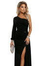  658-1 Shimmering glitter one-shoulder maxi dress with asymmetric sleeves and slit - black 