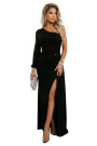  658-1 Shimmering glitter one-shoulder maxi dress with asymmetric sleeves and slit - black 
