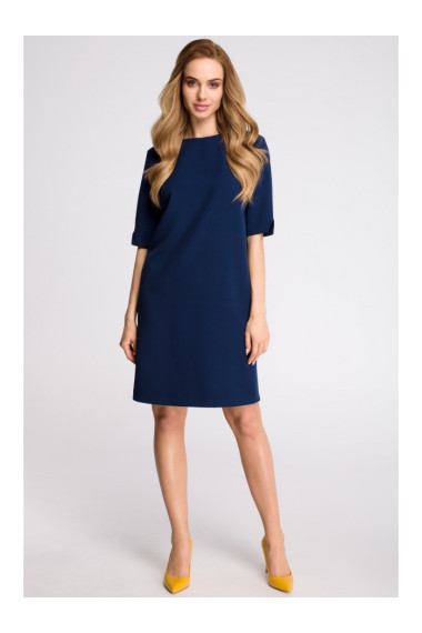 S113 Minimalist dress with back v-neck - navy blue
