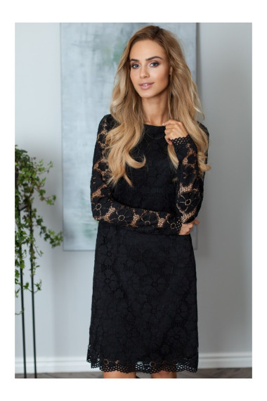 M406 Lacy a-line dress with long sleeves - black