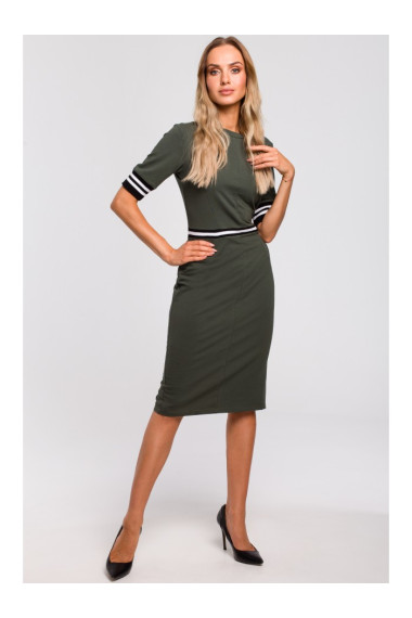 M461 Militāri zaļa svītraina svītraina svītraina kleita ar svītrainu apdari - militāri zaļa