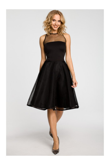 M148 Vakara kleita līdz ceļgaliem ar tīklveida apmetumu - melna