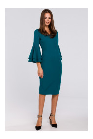 K002 Svīņaina kleita ar sarullētu piedurkņu apdari - okeāna zilā krāsā