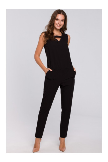 K009 One-piece jumpsuit with v-neck - black
