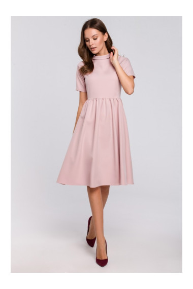 K028 Rolled neck fit and flare dress - crepe pink