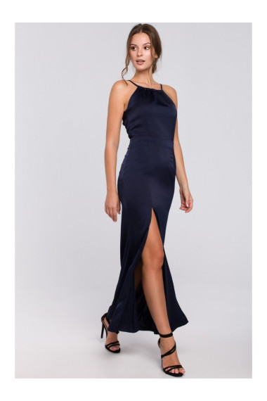 K042 Maxi dress with tied neckline - navy blue