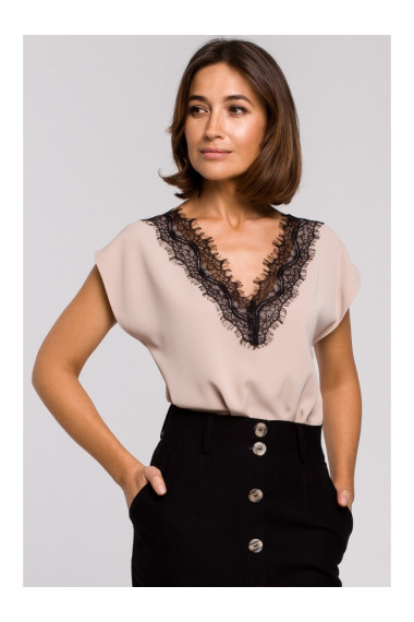 S206 Sleeveless top with lace neckline - beige