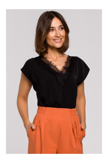 S206 Sleeveless top with lace neckline - black