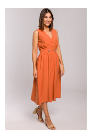 S224 Sleeveless faux wrap fir and flare dress - orange