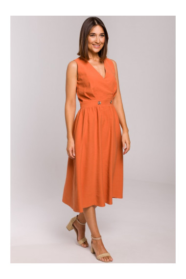 S224 Sleeveless faux wrap fir and flare dress - orange