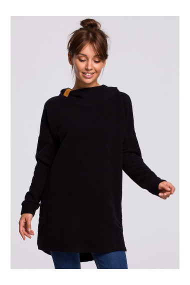 B176 Textured knit pullover top with rounded hem - black