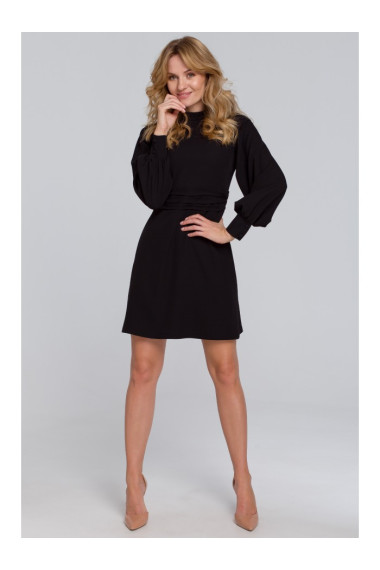 K078 Dress with gathered belt - black