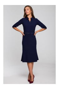 S231 Collar dres with a buckle belt - navy blue