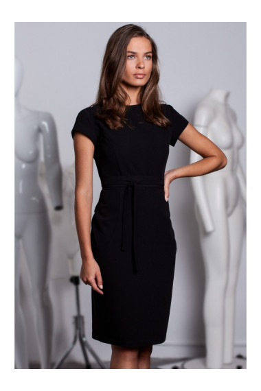S239 Pencil dress with a tie belt - black