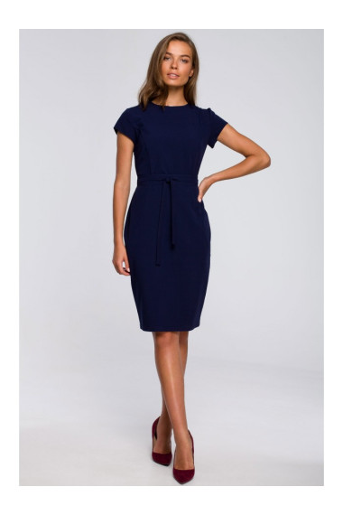 S239 Pencil dress with a tie belt - navy blue